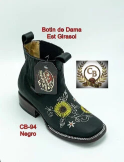 Botines Charros De Cuero Punta Cuadrada Para Mujer Negro Con Girasoles