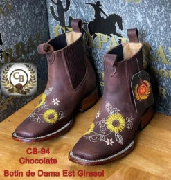 Botines Charros De Cuero Punta Cuadrada Para Mujer Cafe Con Girasoles