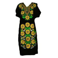 Vestido Artesanal Fino Bordado Color Negro Con Girasoles Para Mujer